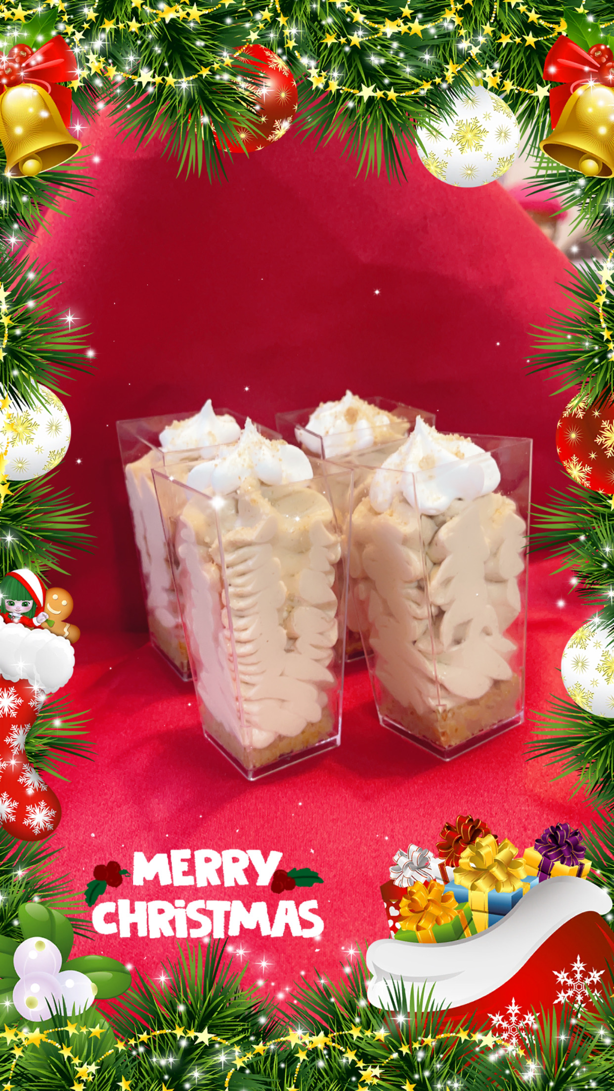 Layered mousse dessert cups, holiday themed