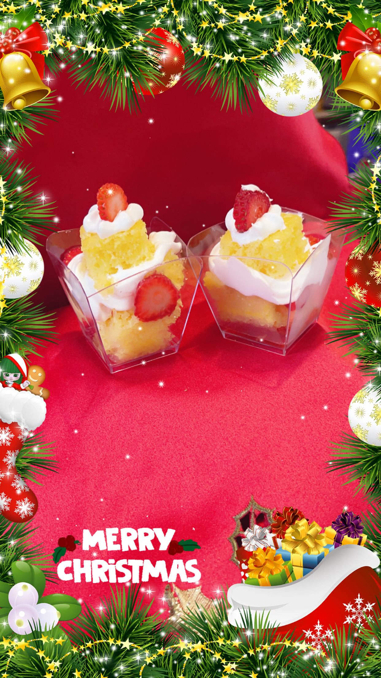 Pineapple cake cups layered with strawberries and whipped cream, holiday themed